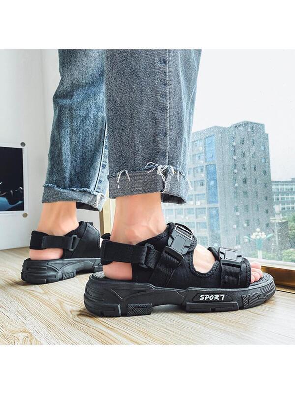 Men Breathable Letter Graphic Release Buckle Decor Sports Sandals, Sporty Fabric Sandals For Summer