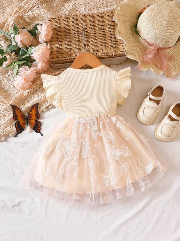 Baby Butterfly Embroidery Mesh Ruffle Trim Bow Front Dress