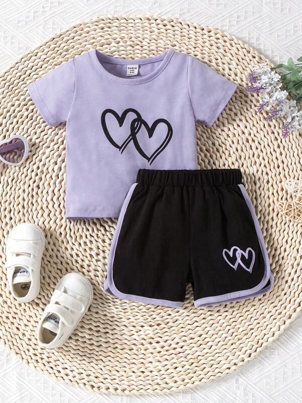 Baby Heart Print Top & Contrast Binding Track Shorts