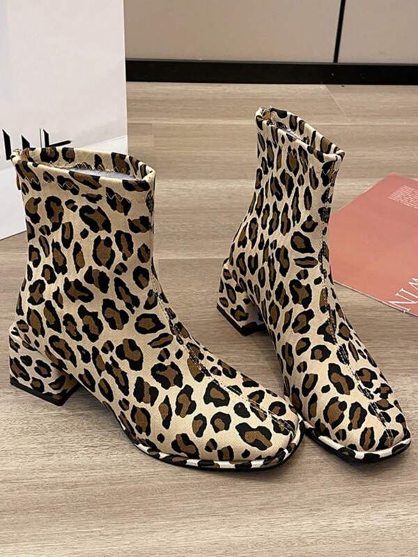 Women's Leopard Print High Heel Short Boots, New Sexy Square Toe Fashionable Chunky Heel Motorcycle Boots With Back Zipper