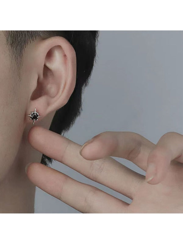 1pair Men's Korean Fashion Personality Black Zircon Stone Retro Ear Stud, Polar Star Design Accessory