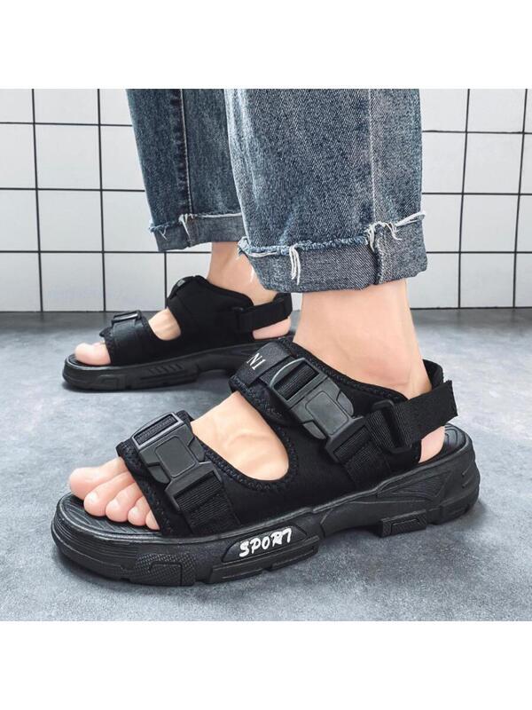 Men Breathable Letter Graphic Release Buckle Decor Sports Sandals, Sporty Fabric Sandals For Summer