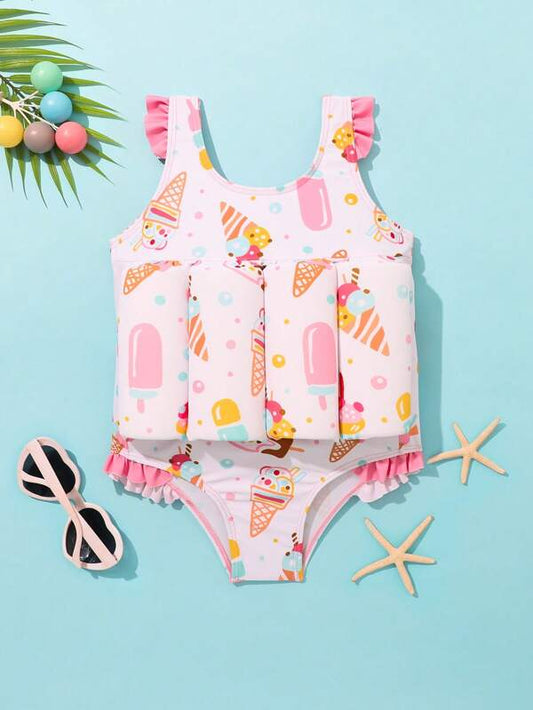 SHEIN Kids SUNSHNE Toddler Girls Ice Cream Print Ruffle Trim Float One Piece Swimsuit