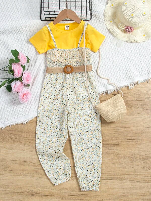 Toddler Girls Solid Tee & Ditsy Floral Print Belted Jumpsuit