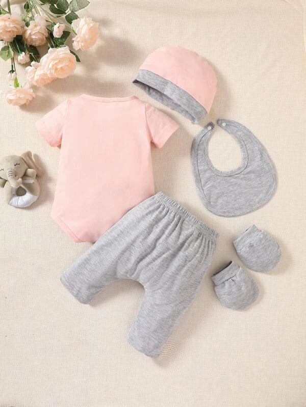 Newborn Baby Elephant Print Bodysuit & Pants & Accessory Hat & Bib & Gloves