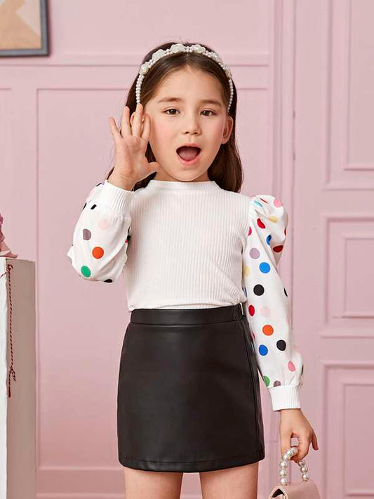 SHEIN Toddler Girls 1pc Polka Dot Puff Sleeve Tee & 1pc PU Leather Skirt