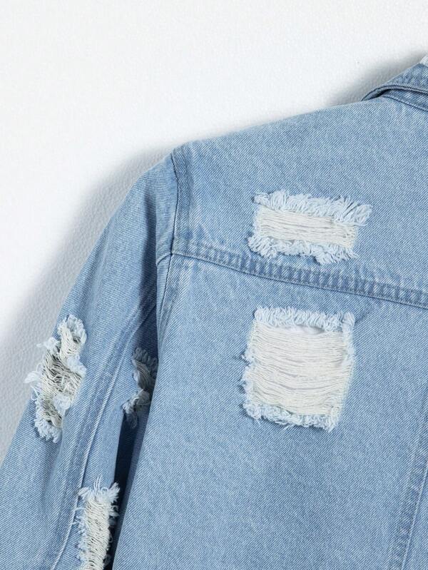 Manfinity EMRG Men Cotton Ripped Frayed Flap Pocket Denim Jacket Without Tee