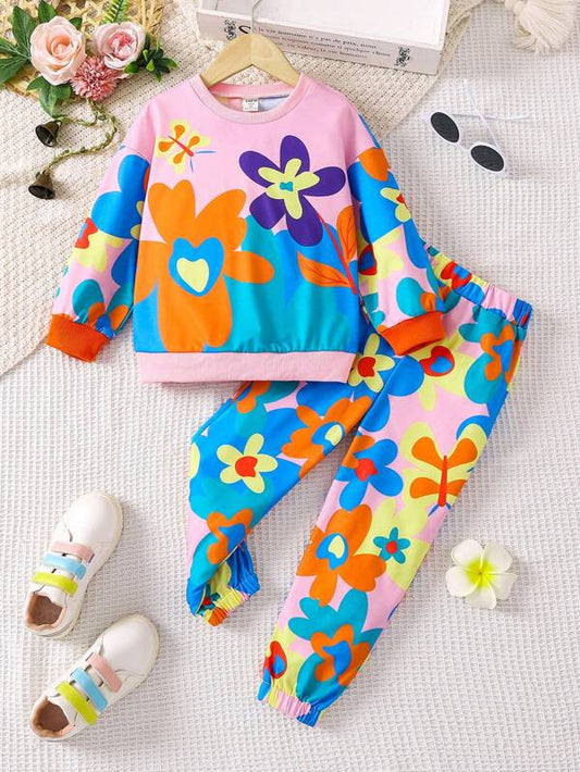 Little Girls' Dopamine Big Flower Printed Sporty Leisure Hoodie With Matching Sweatpants Outfits