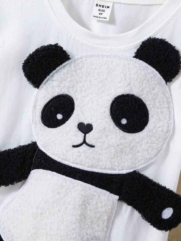 SHEIN Toddler Boys Panda Embroidery Patched Detail Tee