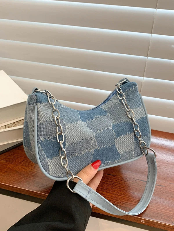 Geometric Pattern Chain Decor Denim Baguette Bag