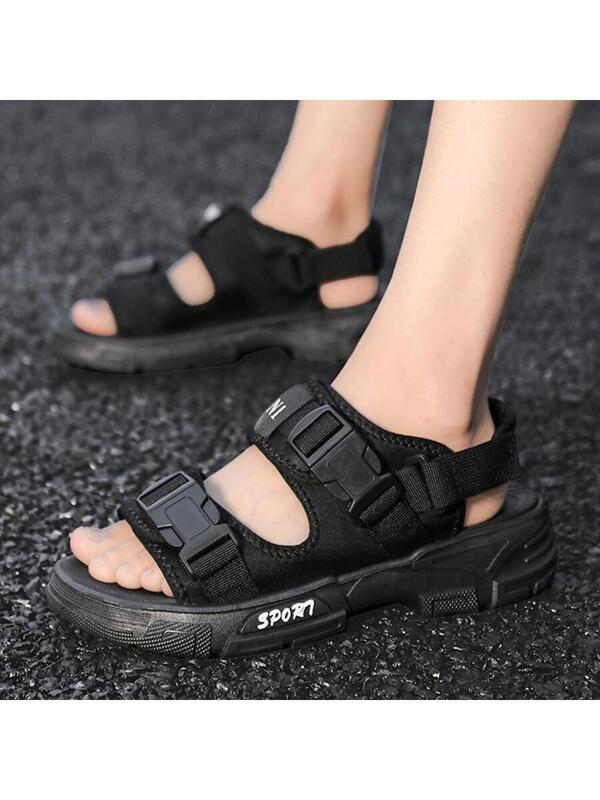 Men Breathable Letter Graphic Release Buckle Decor Sports Sandals, Sporty Fabric Sandals For Summer