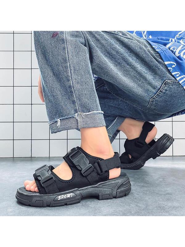 Men Breathable Letter Graphic Release Buckle Decor Sports Sandals, Sporty Fabric Sandals For Summer