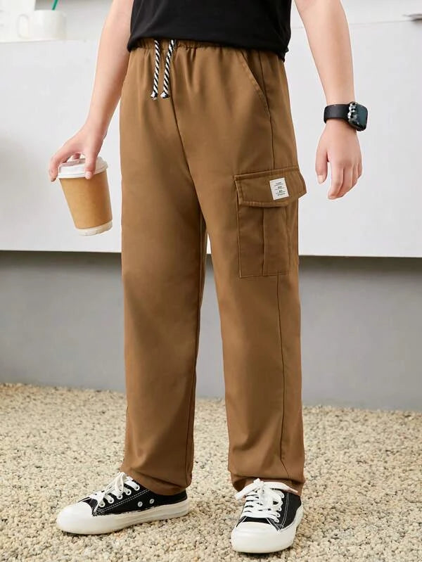 SHEIN Kids EVRYDAY Boys Letter Patched Detail Flap Pocket Side Drawstring Waist Cargo Pants