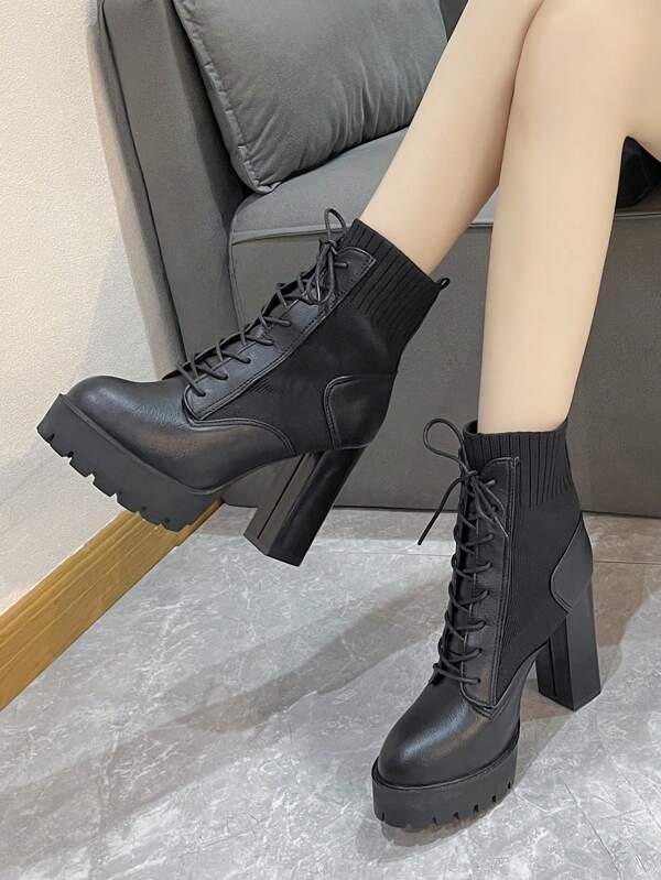 Women's Fashionable High Heel Waterproof Platform Elastic Round Toe Lace-up Pu Leather & Knitted Moto Booties, Classic Versatile High-end Outdoor Short Boots