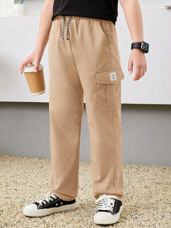 SHEIN Kids EVRYDAY Boys Letter Patched Detail Flap Pocket Side Drawstring Waist Cargo Pants