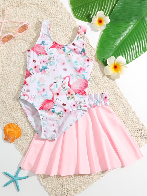 SHEIN Kids QTFun Toddler Girls Flamingo Print One Piece Swimsuit With Beach Skirt