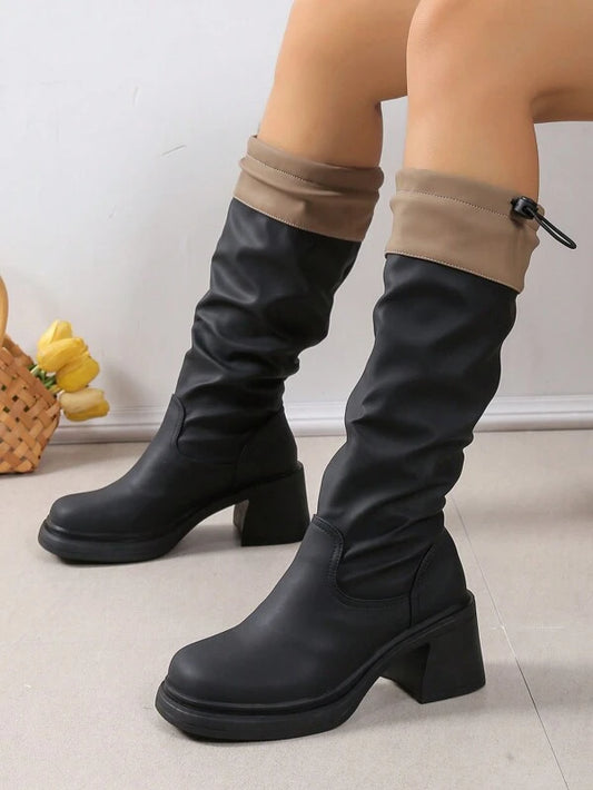 Women's Fashionable Chunky Heel Square Toe High Heel Elastic Boots With Colorblock Design, Knee High