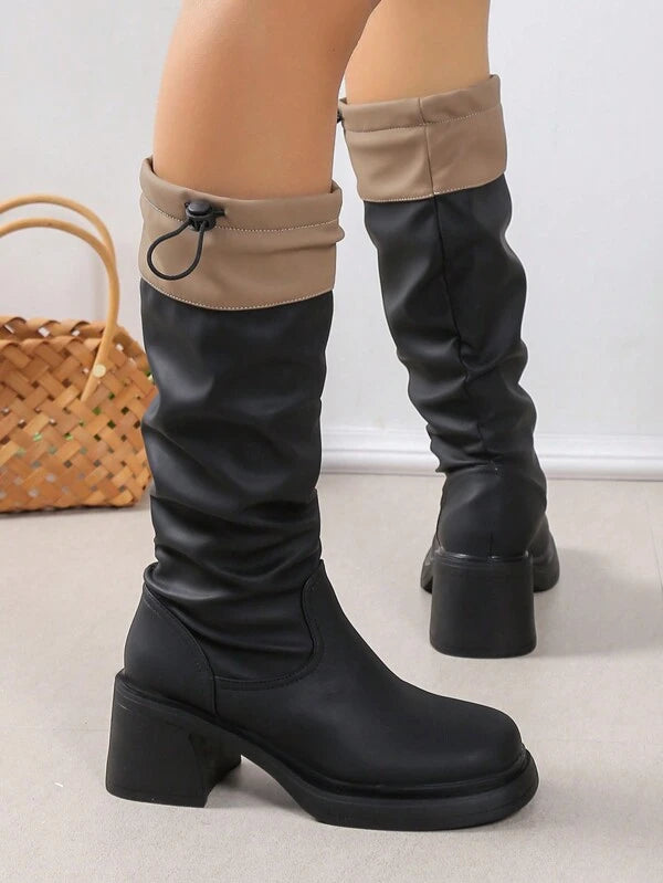 Women's Fashionable Chunky Heel Square Toe High Heel Elastic Boots With Colorblock Design, Knee High