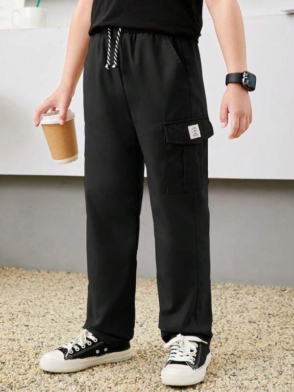 SHEIN Boys Letter Patched Flap Pocket Side Drawstring Waist Cargo Pants