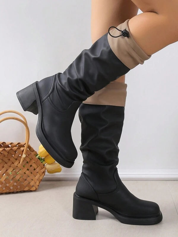 Women's Fashionable Chunky Heel Square Toe High Heel Elastic Boots With Colorblock Design, Knee High