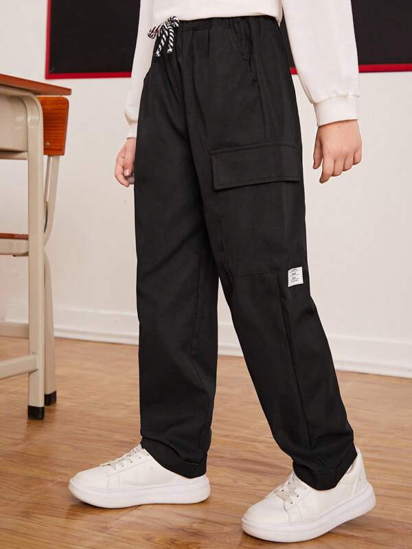 SHEIN Boys Letter Patched Flap Pocket Side Drawstring Waist Cargo Pants