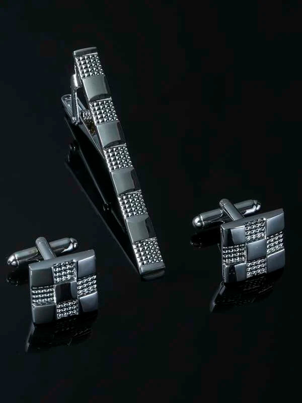 Men Textured Geometric Cufflinks & Tie Clip Punk Hip Pop Style