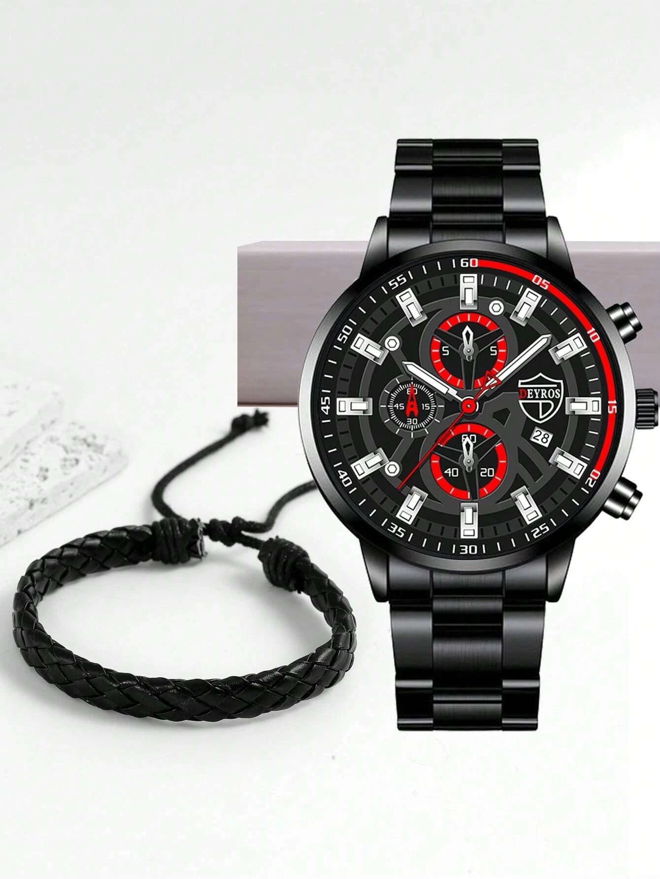 1pc Men Round Pointer Date Quartz Watch & 1pc Bracelet