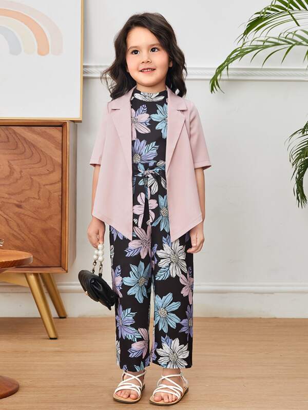 SHEIN Toddler Girls Lapel Neck Blazer & Floral Print Belted Jumpsuit