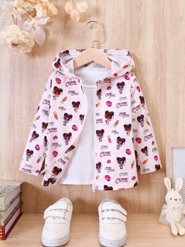 Young Girl Letter & Cartoon Graphic Hooded Coat Without Tee