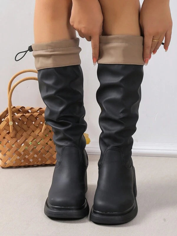 Women's Fashionable Chunky Heel Square Toe High Heel Elastic Boots With Colorblock Design, Knee High