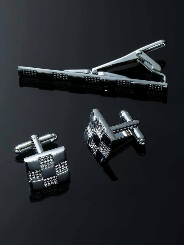 Men Textured Geometric Cufflinks & Tie Clip Punk Hip Pop Style