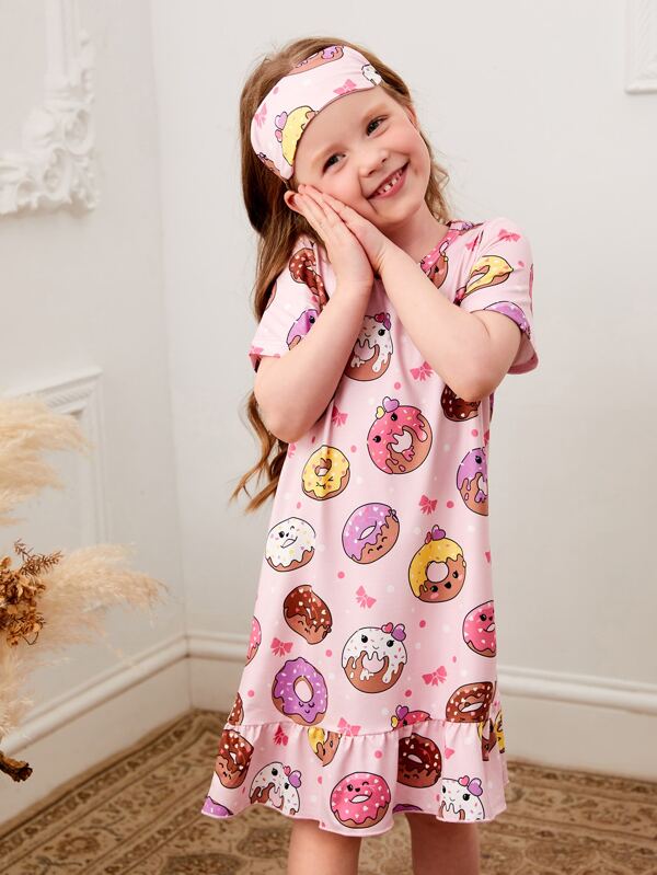 SHEIN Kids QTFun Toddler Girls Donut Print Ruffle Hem Sleep Dress