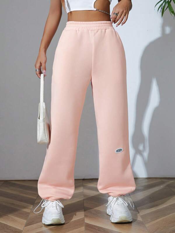 SHEIN EZwear Letter Patched Detail Drawstring Hem Sweatpants