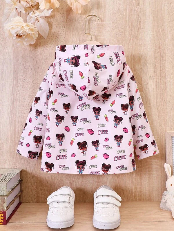 Young Girl Letter & Cartoon Graphic Hooded Coat Without Tee