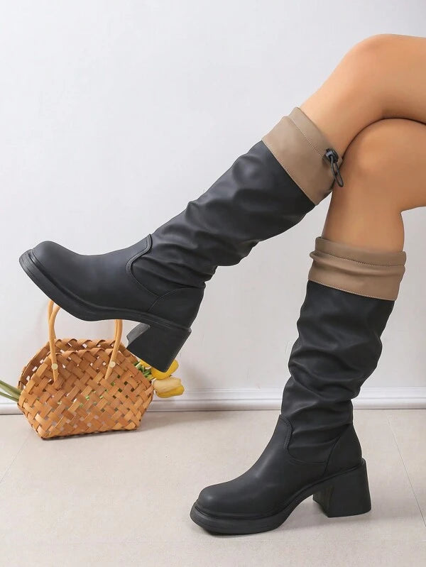 Women's Fashionable Chunky Heel Square Toe High Heel Elastic Boots With Colorblock Design, Knee High