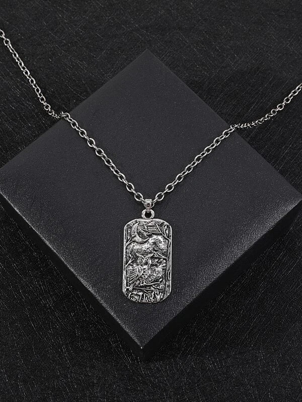 Men Owl Detail Rectangle Charm Necklace