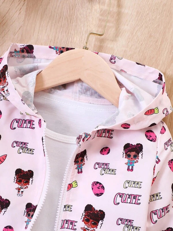 Young Girl Letter & Cartoon Graphic Hooded Coat Without Tee