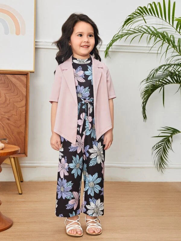 SHEIN Toddler Girls Lapel Neck Blazer & Floral Print Belted Jumpsuit