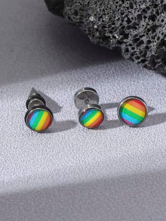 3pcs LGBT Men Rainbow Striped Pattern Round Stud Earrings