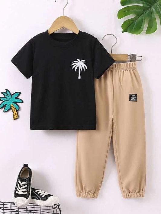 Toddler Boys Coconut Tree Print Tee & Letter Patched Pants