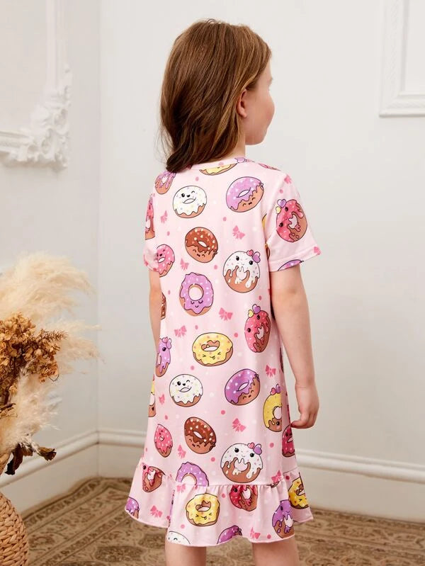 SHEIN Kids QTFun Toddler Girls Donut Print Ruffle Hem Sleep Dress