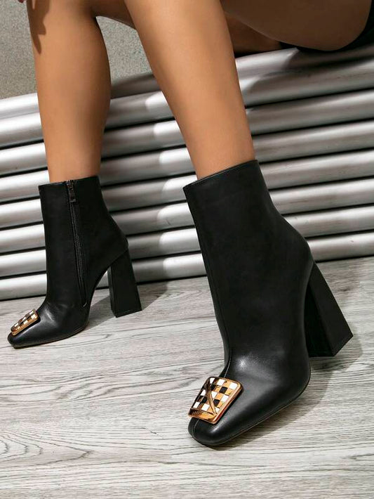 Fashionable Square Toe Chunky Heel High Heel Short Boots For Women With Side Zipper & Rhinestone Buckle Decoration