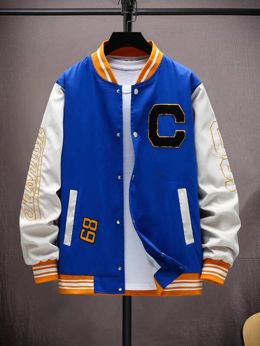 Manfinity Sporsity Men Letter Patched Striped Trim Colorblock Varsity Jacket Without Tee