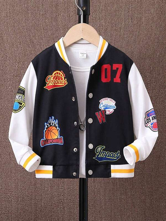 Young Boy Letter Graphic Striped Trim Varsity Jacket Without Tee