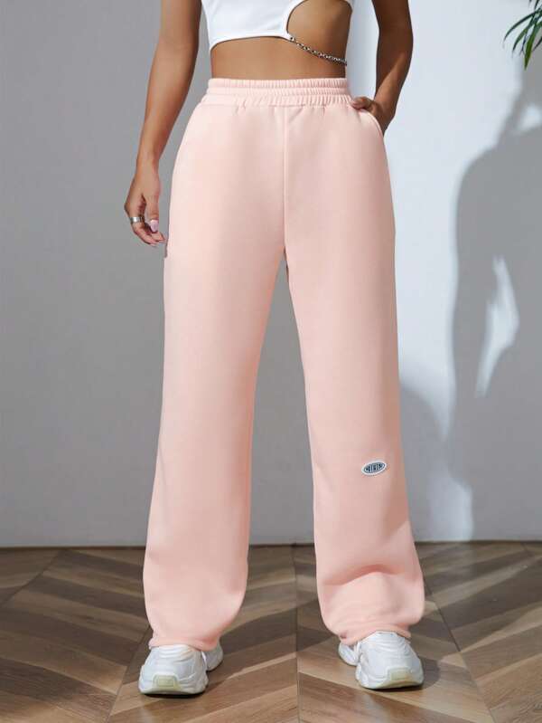 SHEIN EZwear Letter Patched Detail Drawstring Hem Sweatpants