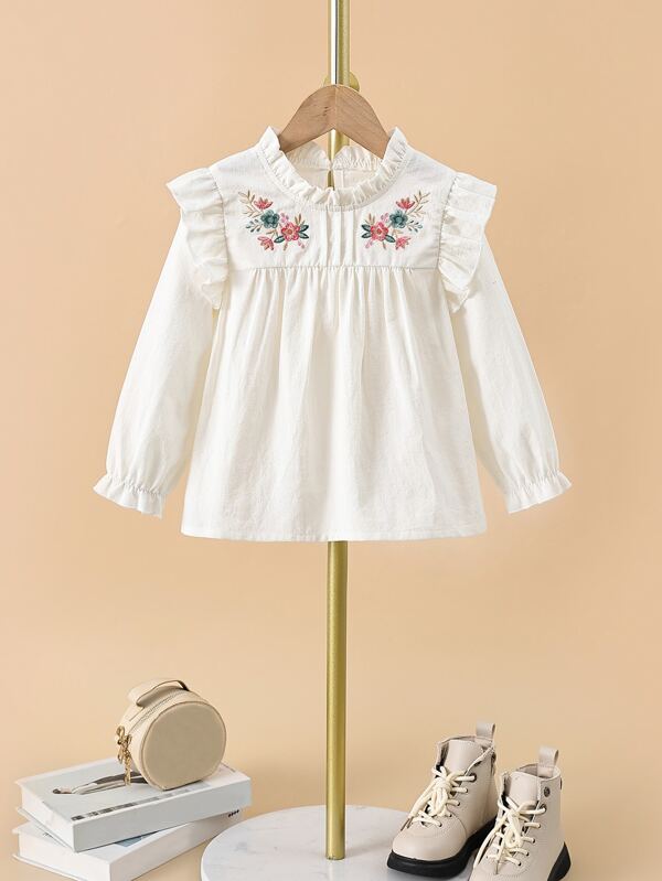 SHEIN Kids EVRYDAY Toddler Girls Floral Embroidery Ruffle Trim Blouse