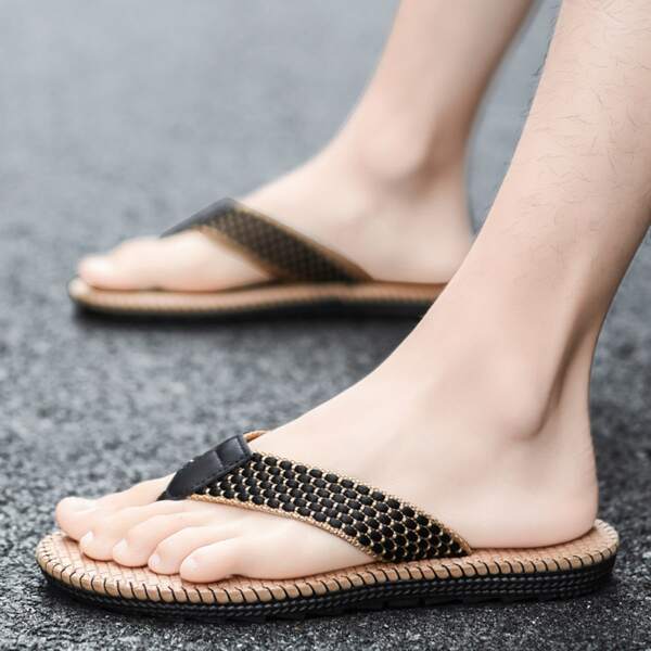 Woven Plaid Men's Sandals Fashionable Flip Flops Sports Slippers Men's Tide Personality Anti-slip Soft Sole Beach Shoes