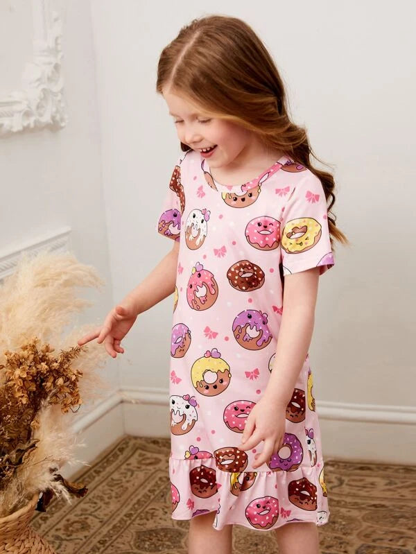 SHEIN Kids QTFun Toddler Girls Donut Print Ruffle Hem Sleep Dress