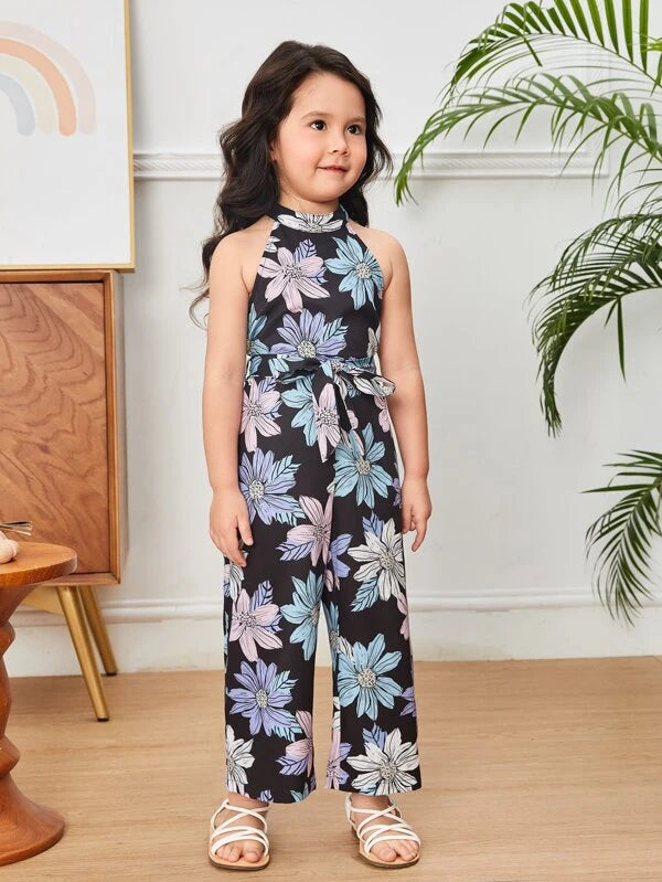 SHEIN Toddler Girls Lapel Neck Blazer & Floral Print Belted Jumpsuit