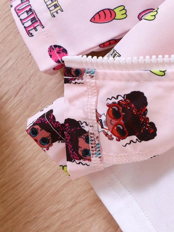 Young Girl Letter & Cartoon Graphic Hooded Coat Without Tee